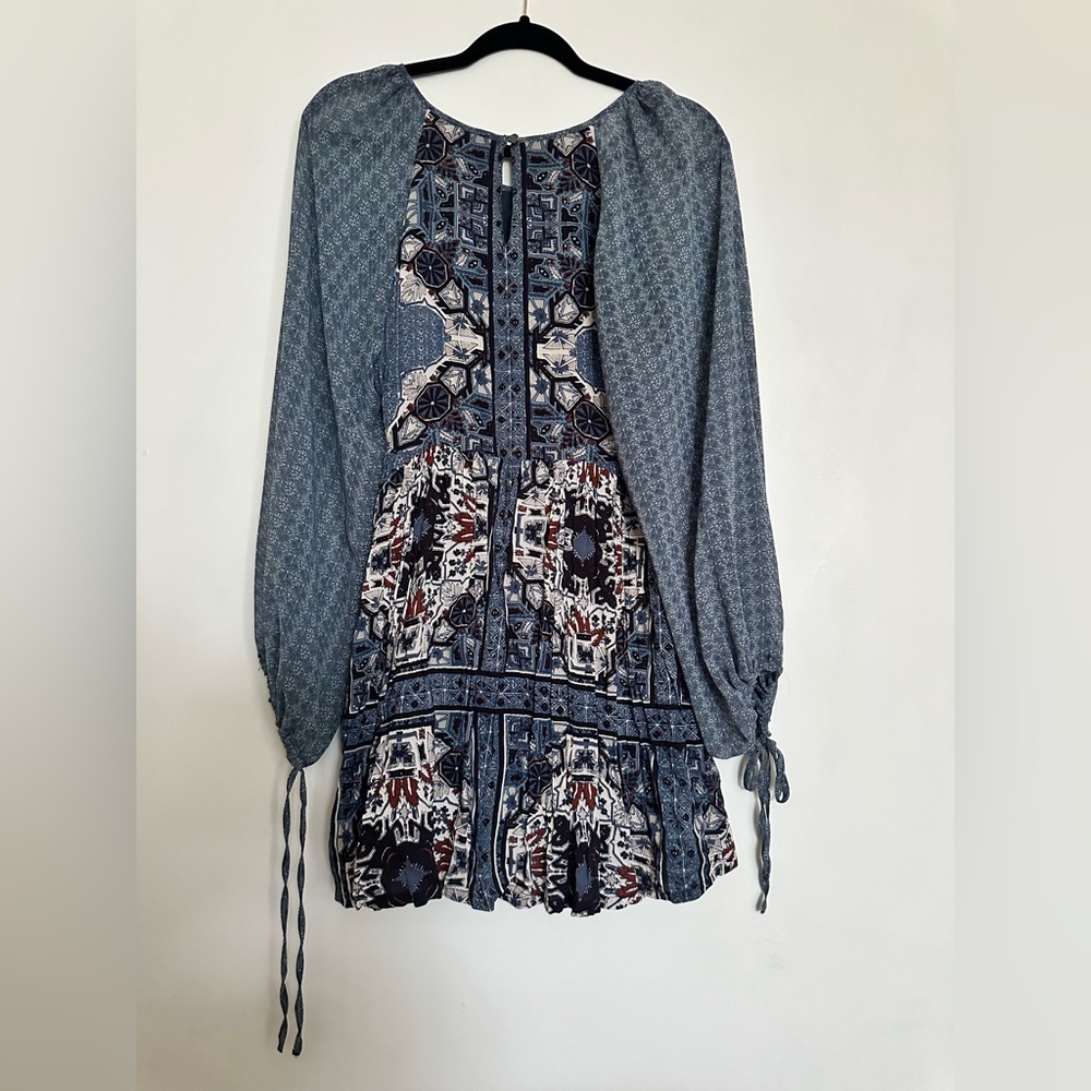 Free People Oksana Mini Dress Marine Blue Women’s Boho Peasant Puff Sleeve - Picture 4 of 6